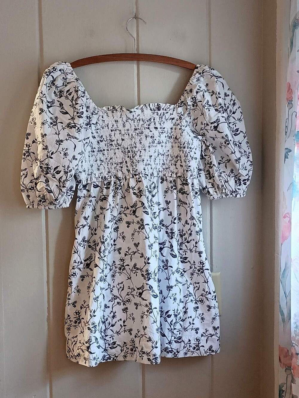 Black And White Floral Puff Sleeve Babydoll Dress